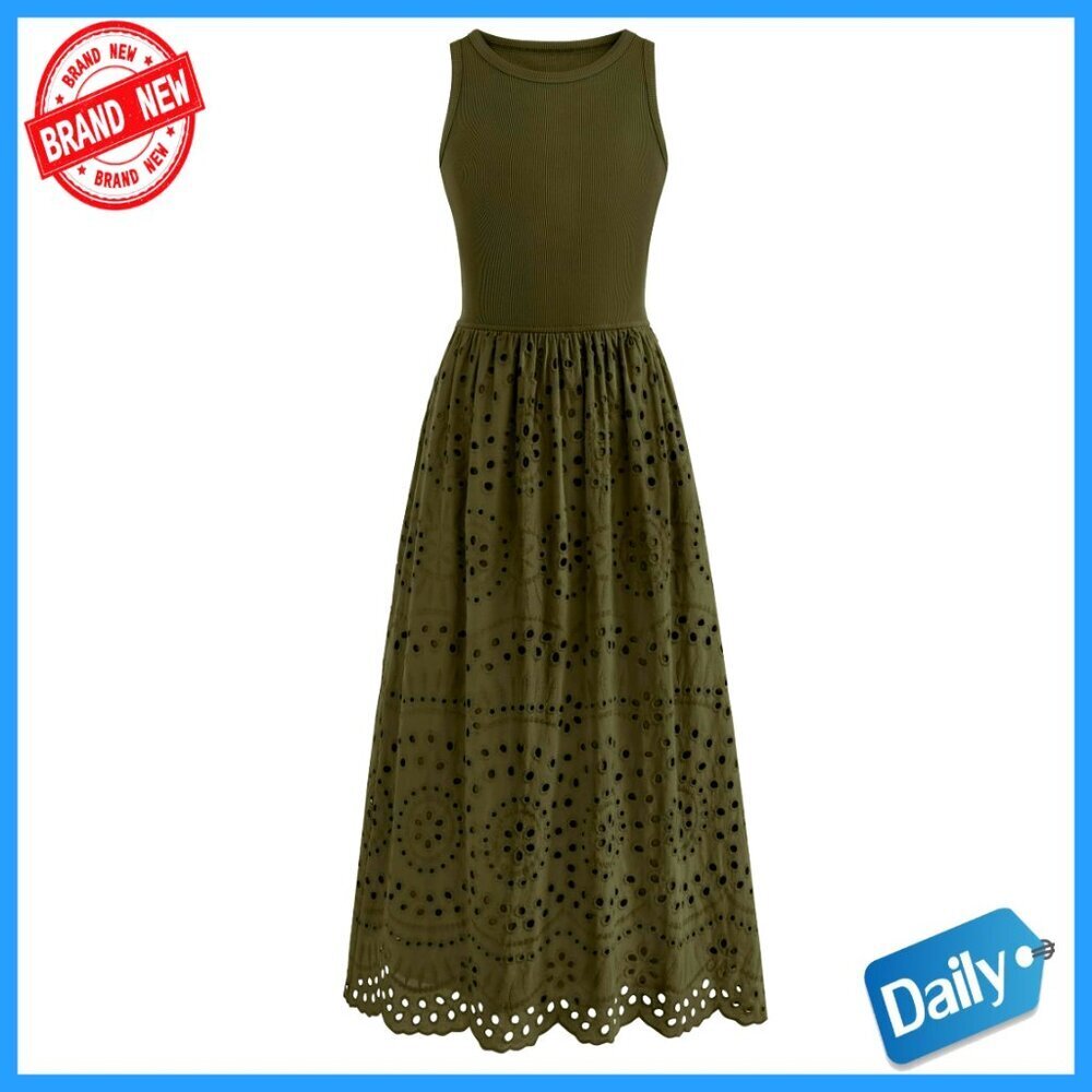 Sleeveless A-Line Maxi Dress Boho Lace Eyelet Cotton Tank Casual Summer